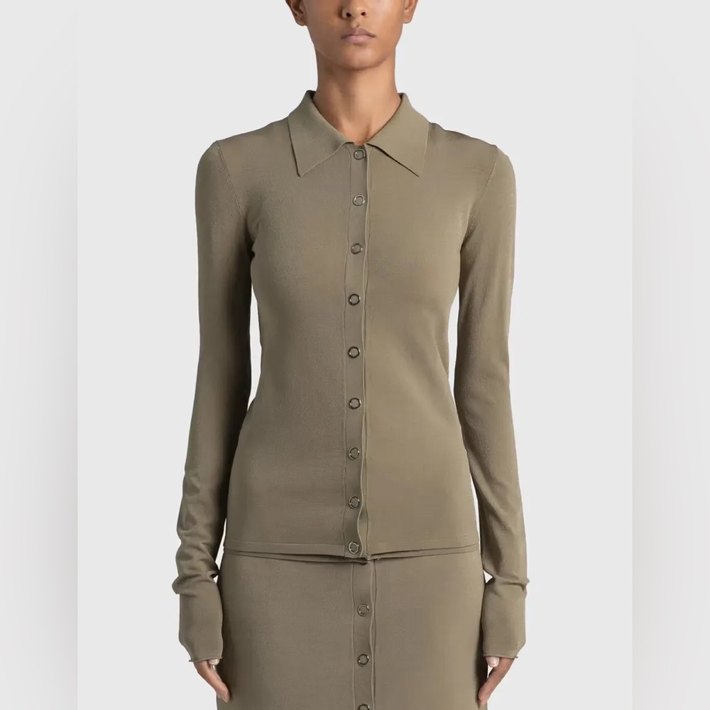 Dion Lee Olive Button-Front Long Sleeve Polo Top